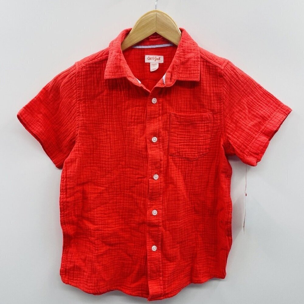 Cat & Jack Youth Boys Size Small 6/7 Short Sleeve Gauze Woven Shirt in Red 2524